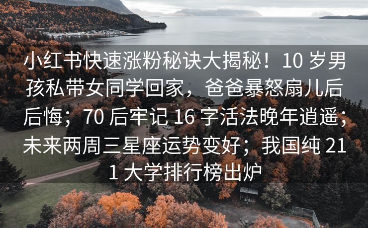 小红书快速涨粉秘诀大揭秘！10 岁男孩私带女同学回家，爸爸暴怒扇儿后后悔；70 后牢记 16 字活法晚年逍遥；未来两周三星座运势变好；我国纯 211 大学排行榜出炉